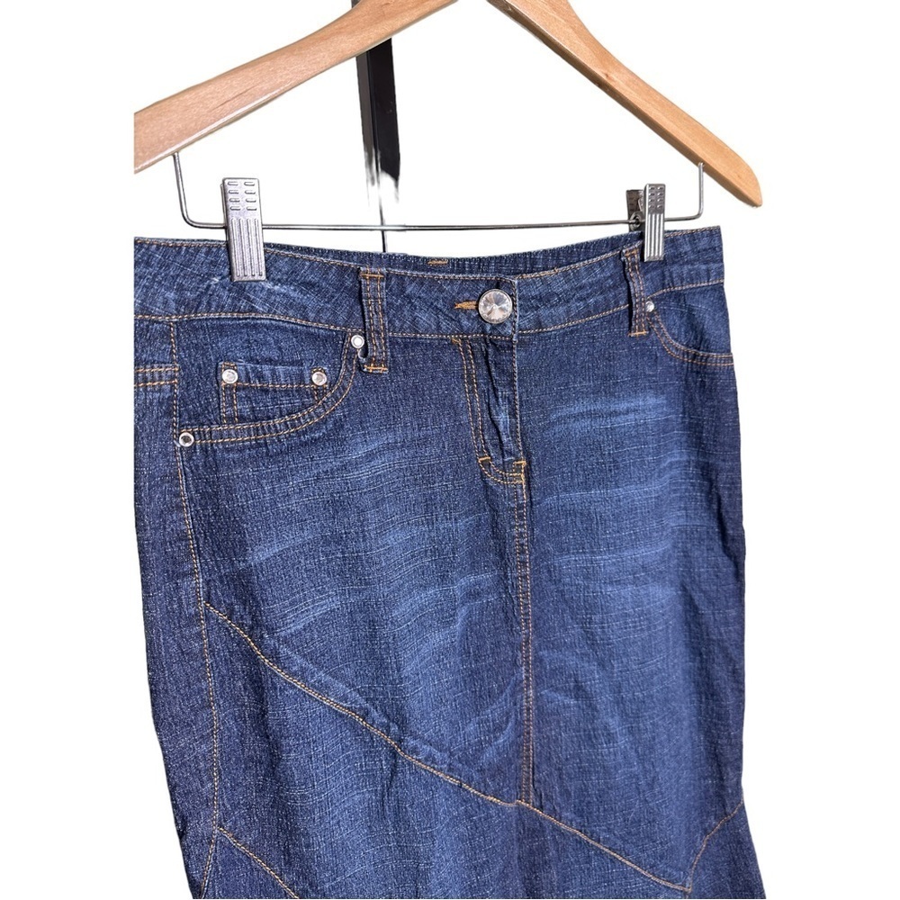 Caché Denim Crystal Accents Front Zip Maxi Flare Bottom Skirt 4 - Picture 3 of 7